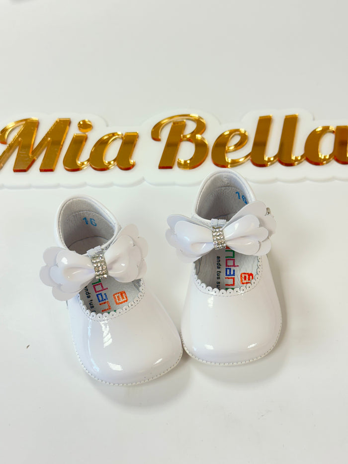 Andanines Leather Patent Baby Pram Shoe White