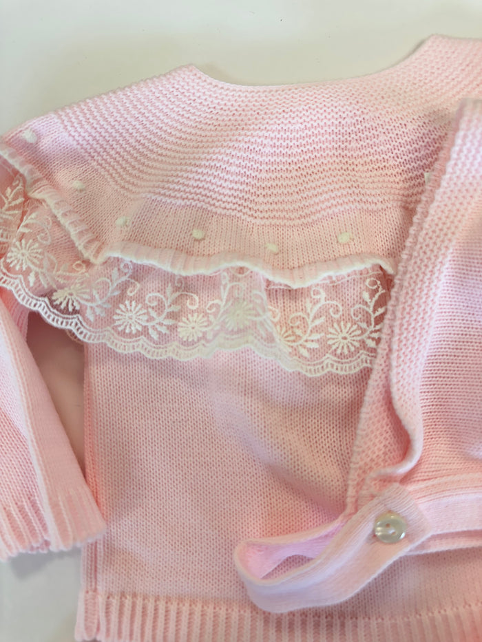Mia Bella 3 Piece Knitted Set with Lace Trim Pink