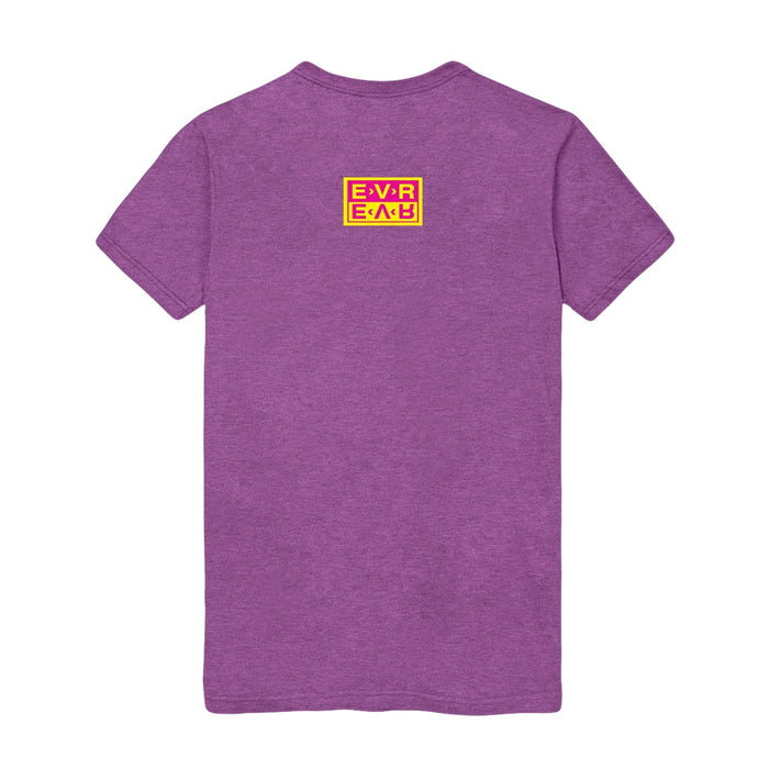 Back of purple tshirt, small yellow box near the neck of the shirt that says EVR in yellow text over a rectangle with the reverse right below, this time with the EVR letters in pink ink in a yellow rectangled. All outlined by a thin pink line and a thicker yellow outline.