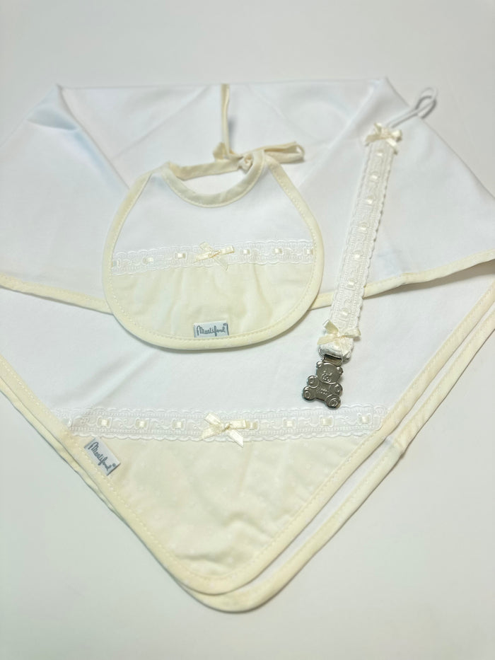 Baby Bib/Dummy Clip and Burp Cloth Cream
