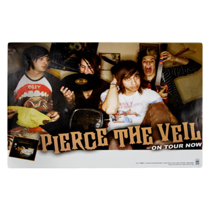 A rectangular sticker with a picture of pierce the veil. They are sitting on a couch. All four of them are doing goofy things such as biting a record, and plaing a guitar hero guitar. The text "Pierce the veil" is on the bottom in orange. The text "on tour now" is underneath the band logo.