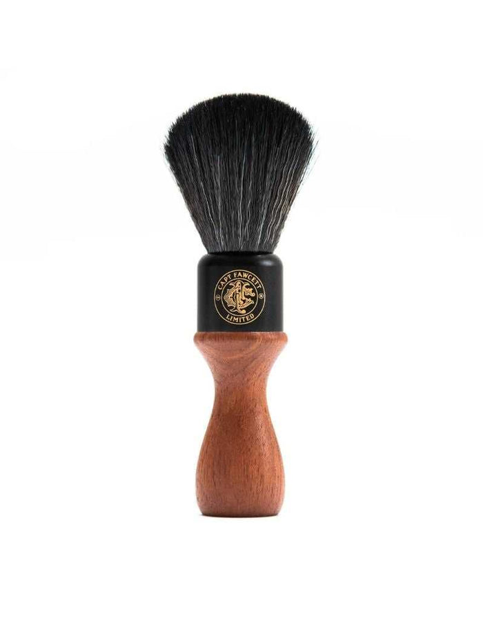 Close-up of Captain Fawcett synthetic fibre shaving brush with black bristles and wooden handle