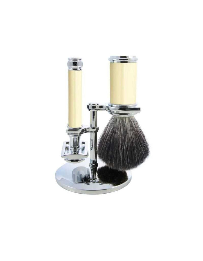 Edwin Jagger Ivory Chrome 3 Piece DE Shaving Set with safety razor, synthetic brush, and chrome stand