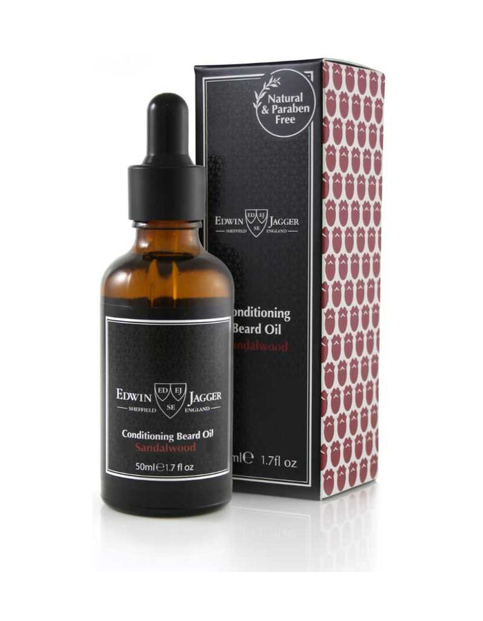 Edwin Jagger sandalwood beard oil bottle with packaging for grooming