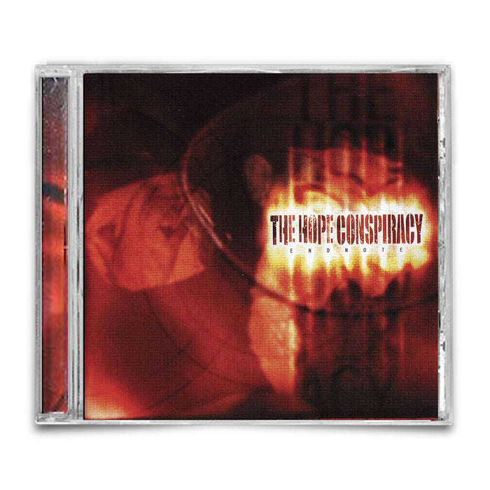 A CD case featuring The Hope Conspiracy's hardcore album Endnote, with a red and black abstract background and the band’s name and album title in bold white and yellow text.