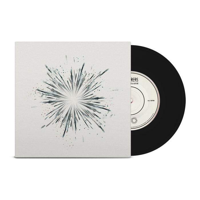 A vinyl record from Gatherers is partially slid out of a square sleeve with a muted starburst graphic on white. The visible label suggests it’s a limited first pressing, though the text is partly obscured.