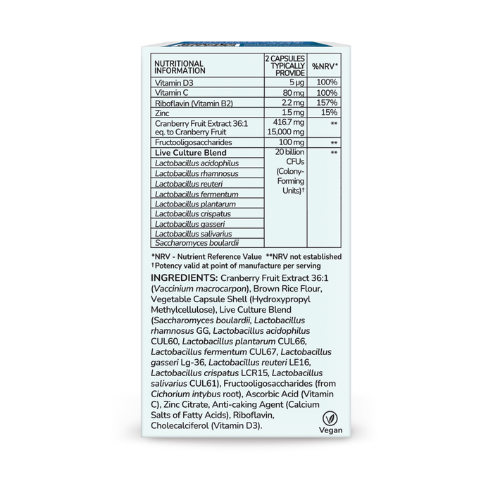 Health & Her Intimate Biome Reproductive Years Supplement box side panel showing nutritional info and vegan ingredients list on white background.