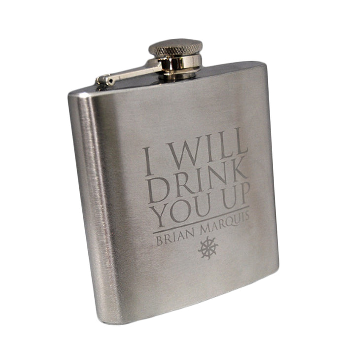 The Brian Marquis 6oz stainless steel flask features an engraved "I WILL DRINK YOU UP BRIAN MARQUIS" inscription, a small decorative symbol below the text, and a hinged screw-on cap.