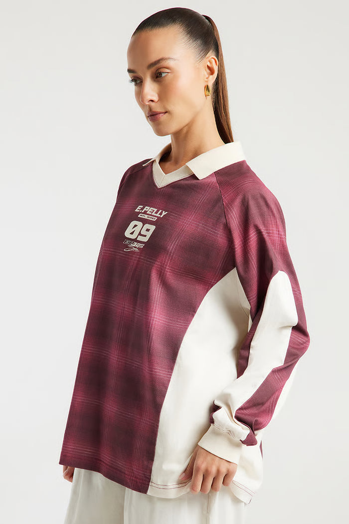 Josie Long Sleeve Polo | Burgundy Check