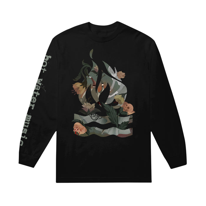 black long-sleeved shirt that has cool artwork with light green colors. Down the sleeve there is text that reads Hot water music.