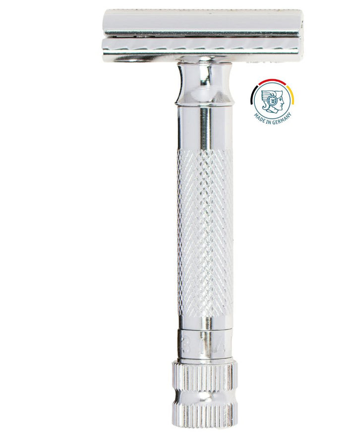 Chrome Merkur 34 ADJ adjustable safety razor with textured handle and safety guard, ideal for precise shaving, Top View
