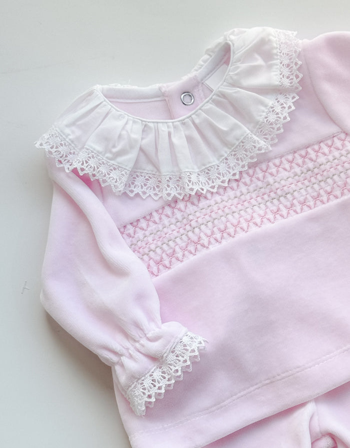 MIA BELLA Pink/White Velour 2 Piece Smocked Style Set