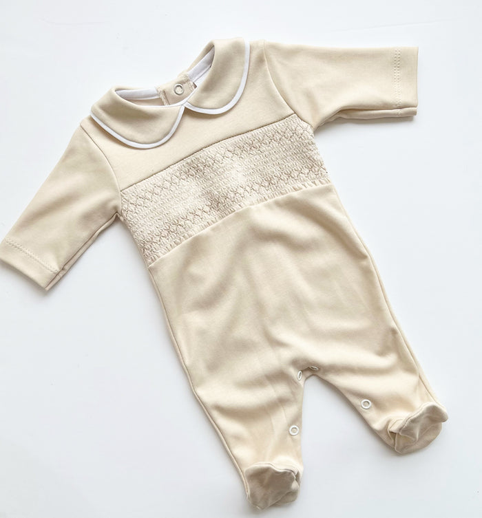 MIA BELLA Smocked Style Babygrow Camel
