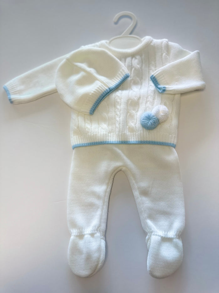 Mia Bella White Knitted 3 piece set Cable Detail with Pom Pom