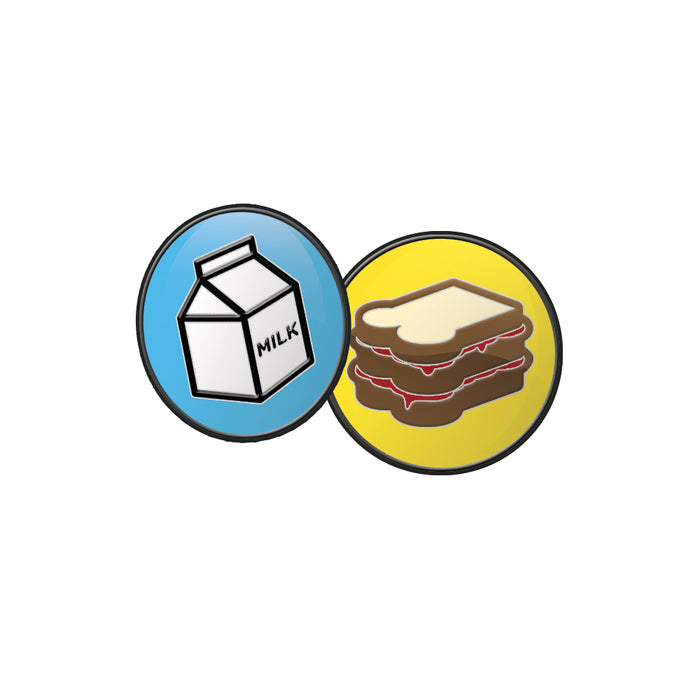 Two circles overlap: the left blue circle displays a carton labeled Better Off milk, while the right yellow circle features a sandwich—maybe with milk and peanut butter—between slices of bread.
