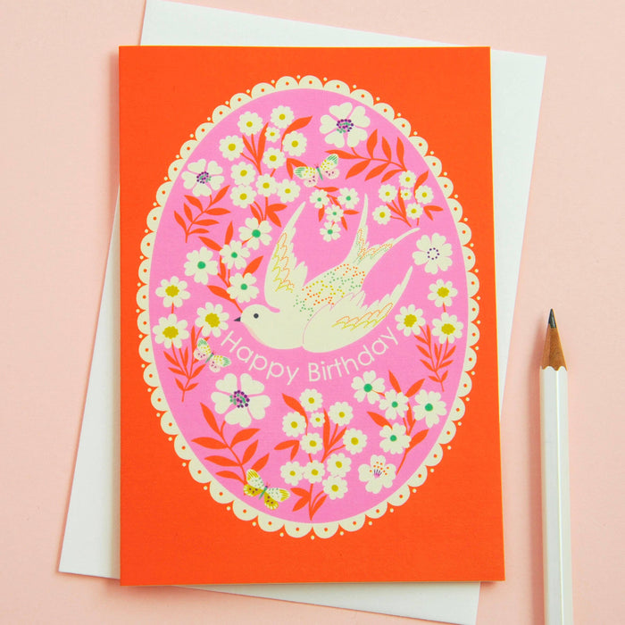Pretty Happy Birthday Floral & Bird Border Greetings Card - Precious Sparkle