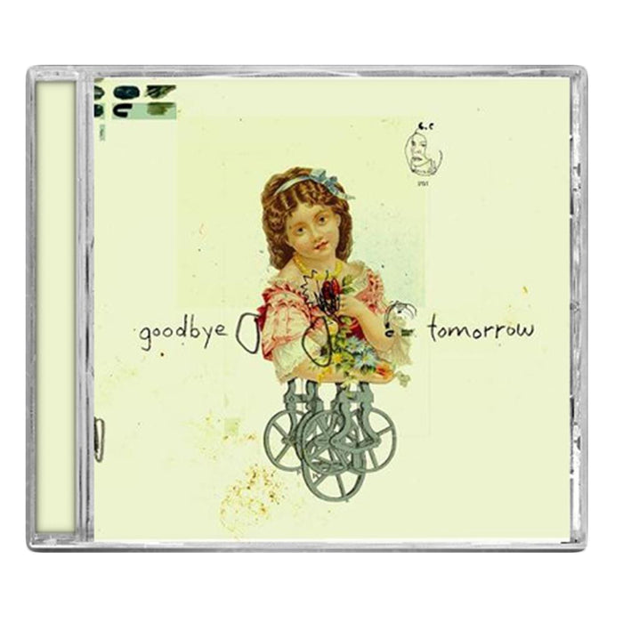 Goodbye Tomorrow CD cover features a vintage-style girl holding flowers with gears as her lower body on a pale yellow background, creating a vespertine, haunting mood. Brand: Goodbye Tomorrow.