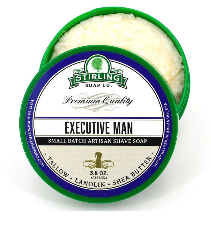 Stirling Executive Man Shaving Soap tin with lid open, showing creamy soap inside