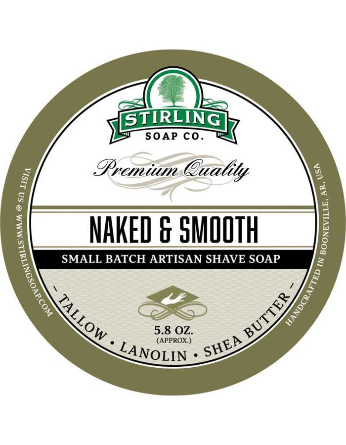 Stirling Naked & Smooth Shaving Soap label with natural ingredients