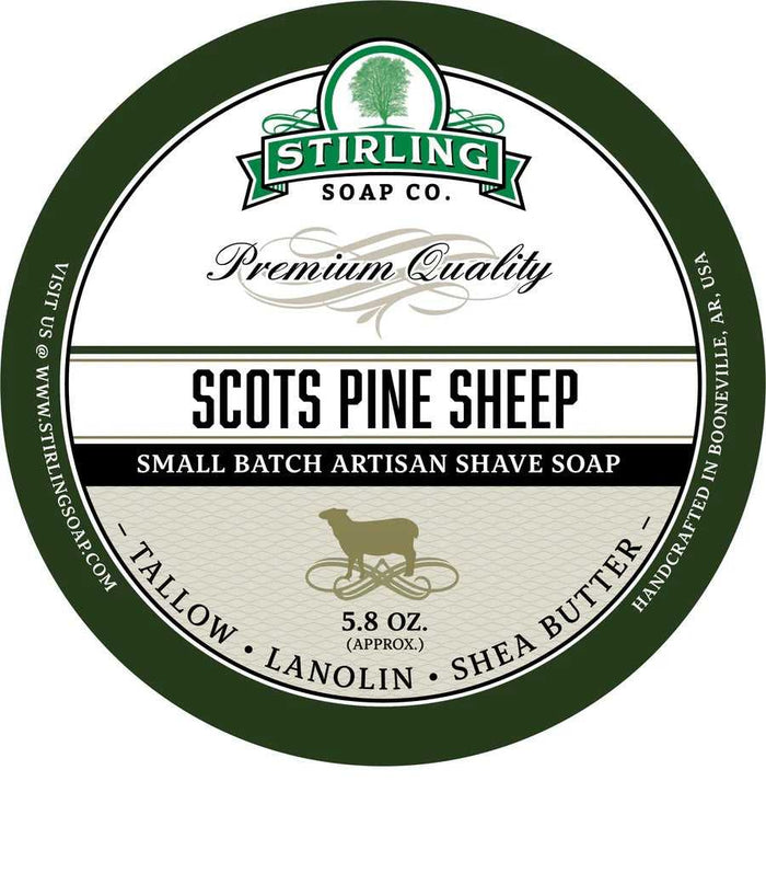 Stirling Scots Pine Sheep Shaving Soap label with green and white design, small batch artisan soap, shea butter, lanolin, tallow base