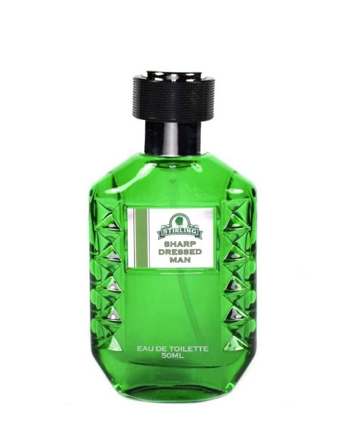 Stirling Sharp Dressed Man cologne bottle with green glass and black cap