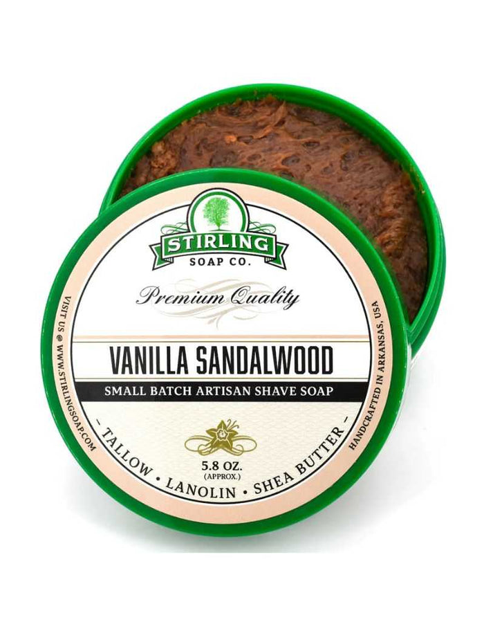 Vanilla Sandalwood shaving soap tin with green lid and label