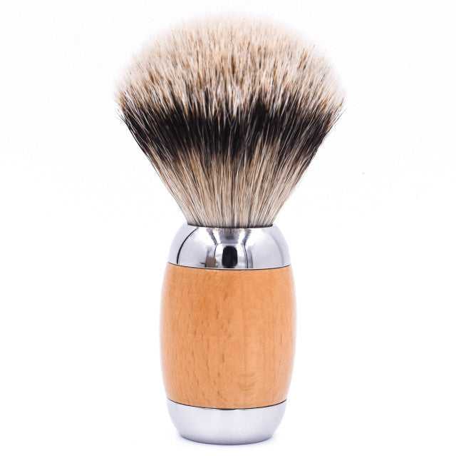 Close-up of Taconic Shave badger shaving brush with stand