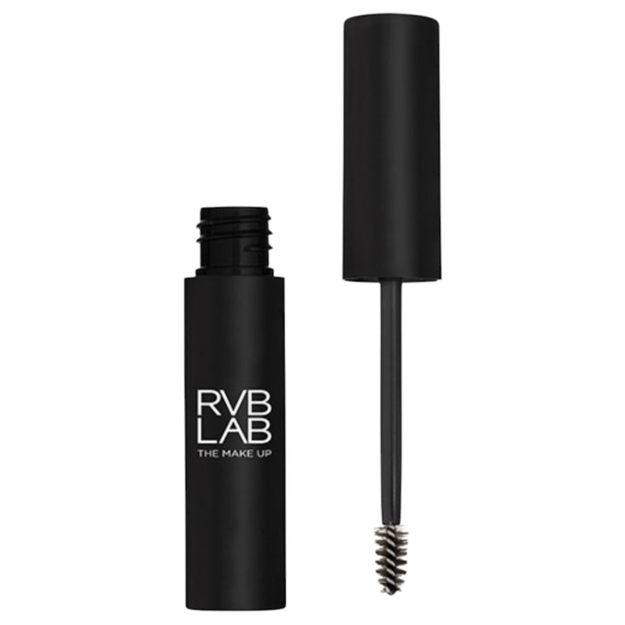 Transparent Volumizing Eyebrow Fixer by RVB The Makeup in a black tube with applicator brush.