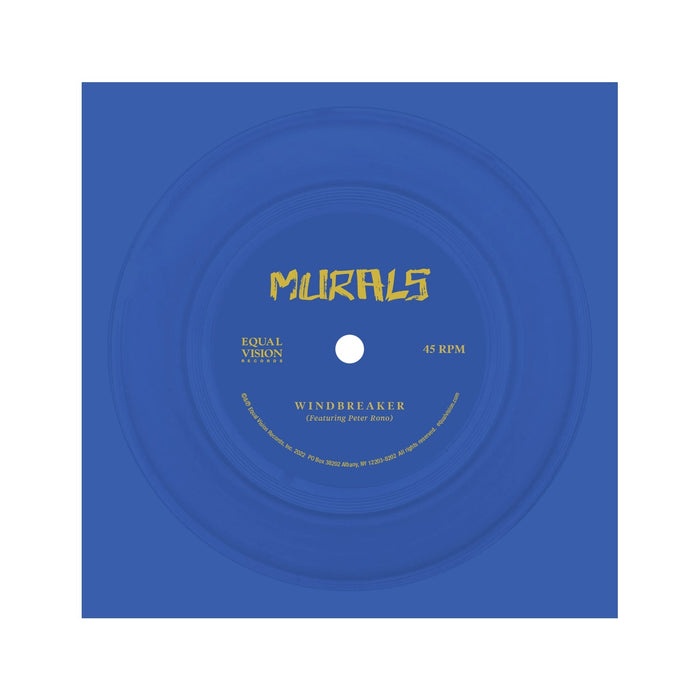 Blue flexi with yellow text in the center that says MURALS. There is smaller text to the left that says Equal Vision, and text to the right that says 45 RPM.
