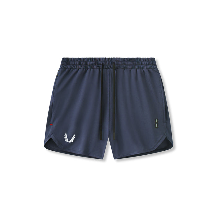 flatlay AeroSilver 5" linerless shorts in navy, front view