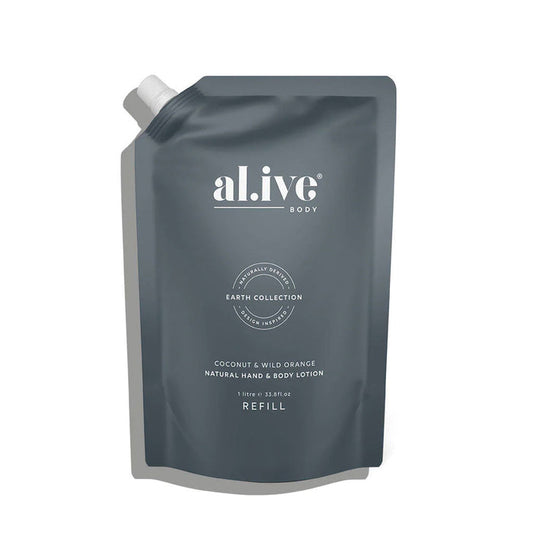 Al.ive Body 1 Ltr Hand & Body Lotion Refill Coconut & Wild Orange Nudie Glow Australia