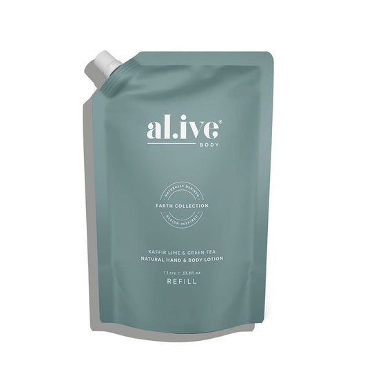 Al.ive Body 1 Ltr Hand & Body Lotion Refill Kaffir Lime & Green Tea Nudie Glow Australia
