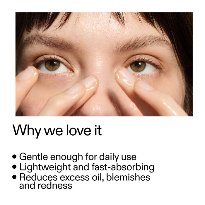 Close-up of a person applying Niacinamide Serum to their eye with text highlighting its benefits.