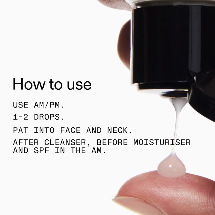 Niacinamide Serumt being applied to skin, accompanied by usage instructions.