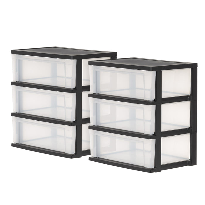 3-Drawer Wide Plastic Storage Drawer, Black, Set of 2 - IRIS USA, Inc.