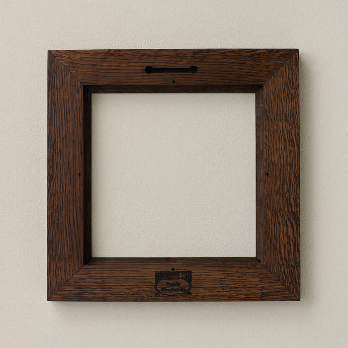 Back of Rookwood 8x8 dark walnut Craftsman tile frame showing construction and hanging slot