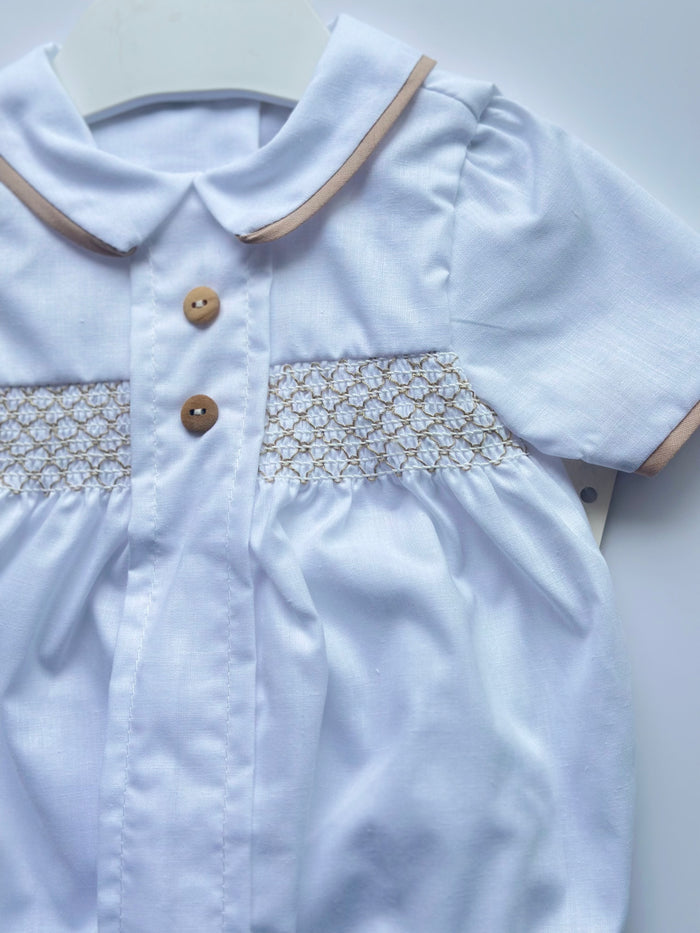 MIA BELLA White/Camel Smocked Romper