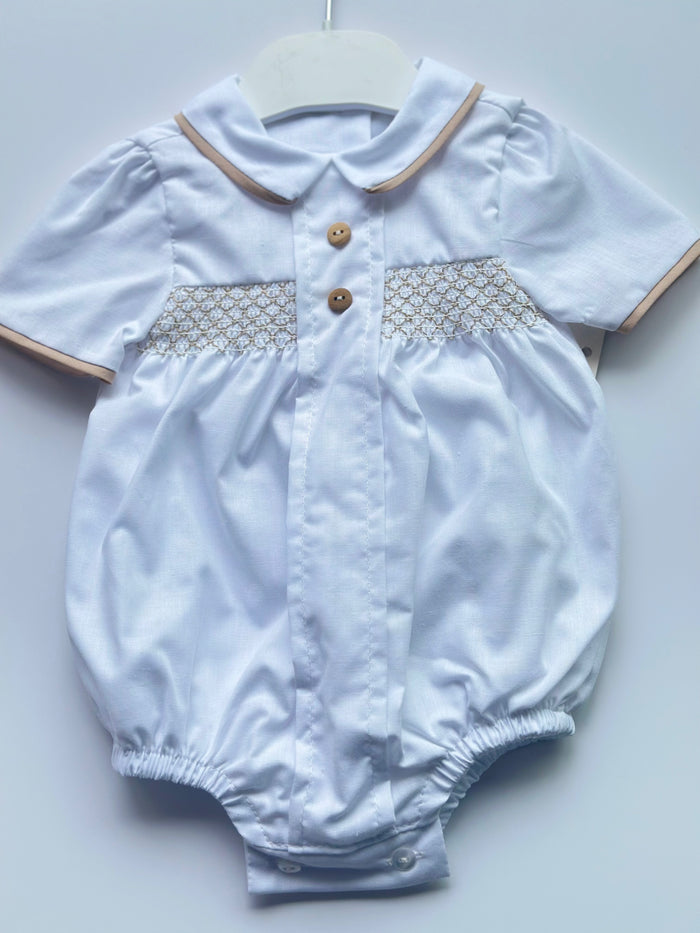 MIA BELLA White/Camel Smocked Romper