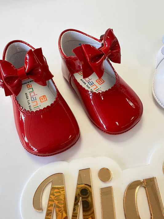 Andanines Leather Patent Baby Pram Shoe Red