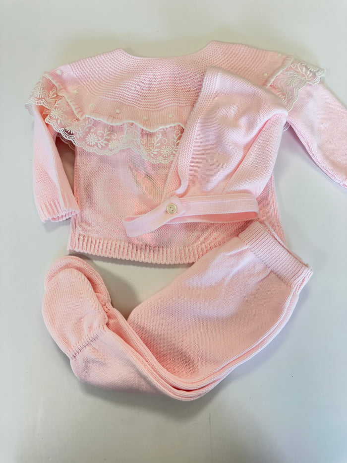 Mia Bella 3 Piece Knitted Set with Lace Trim Pink