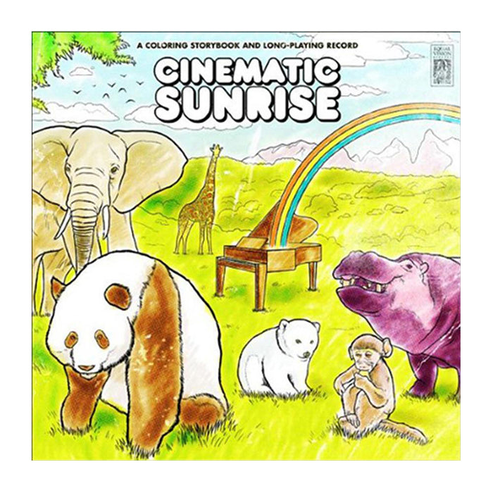 Colorful illustration of a panda, polar bear cub, monkey, elephant, giraffe, and purple hippopotamus in a grassy field with a grand piano and rainbow; Cinematic Sunrise brand name displayed at the top.