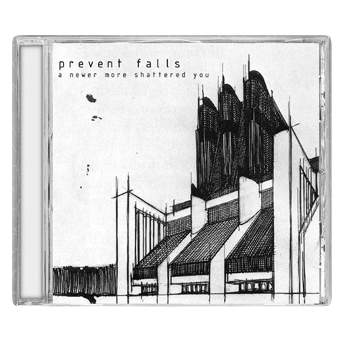 A Prevent Falls CD case with a building illustration, ideal for fans of melodic rock and post-hardcore albums.