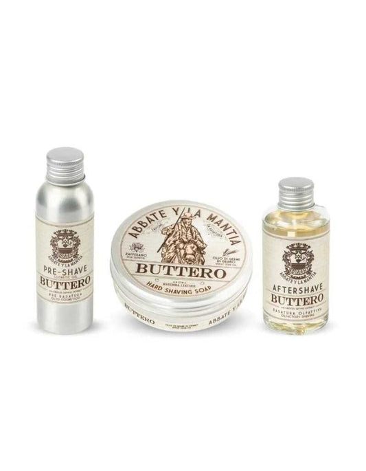 Shaving care set with pre-shave, soap, and aftershave bottles