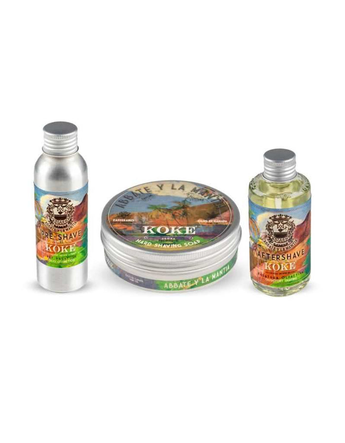 Shaving care set with pre-shave, soap, and aftershave bottles