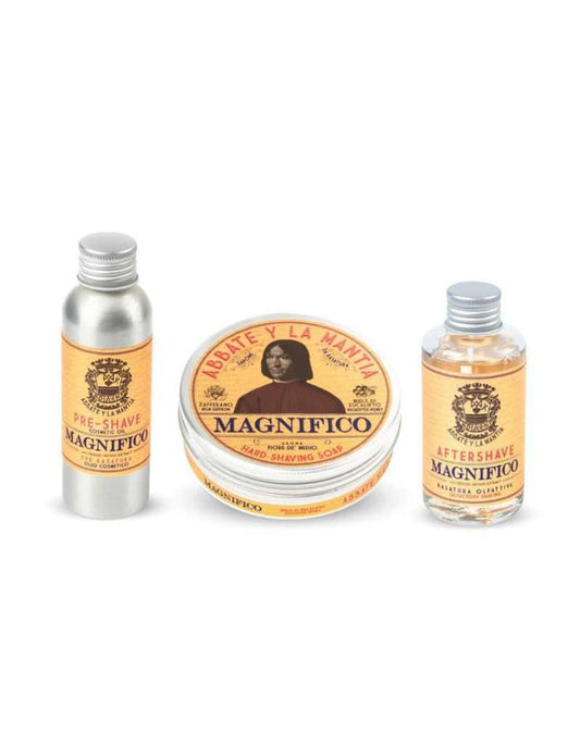 Shaving care set with pre-shave, soap, and aftershave in orange labels