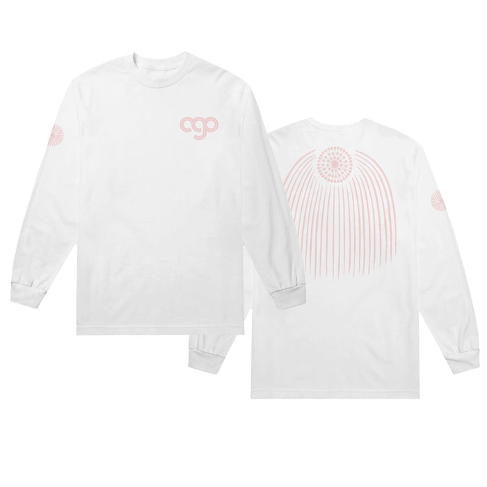White long sleeve shirt against white background. Front of shirt has "AGO" printed in upper right corner in pink and pink circle is printed on left sleeve. Back of shirt has picture of a pink circle made up of dots and several straight lines are stemming down from the circle.