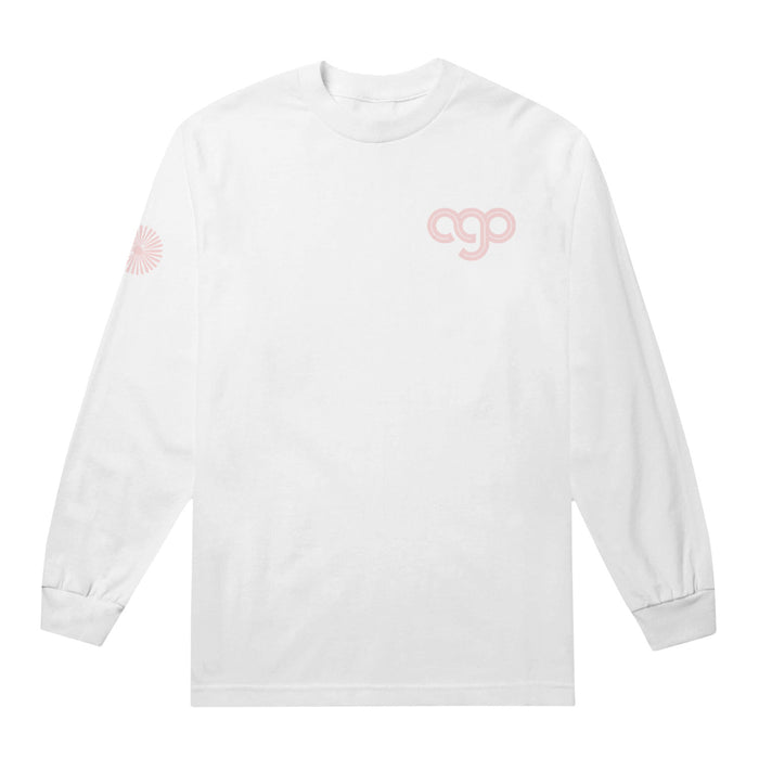 White long sleeve shirt against white background. Front of shirt has "AGO" printed in upper right corner in pink and pink circle is printed on left sleeve.