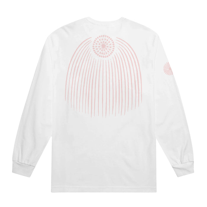 White long sleeve shirt against white background. Back of shirt has picture of a pink circle made up of dots and several straight lines are stemming down from the circle.