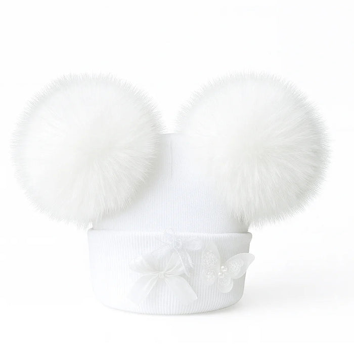 All White  Double Pom Pom Hat with Butterfly Detail