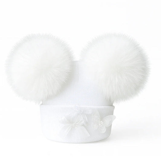 All White  Double Pom Pom Hat with Butterfly Detail